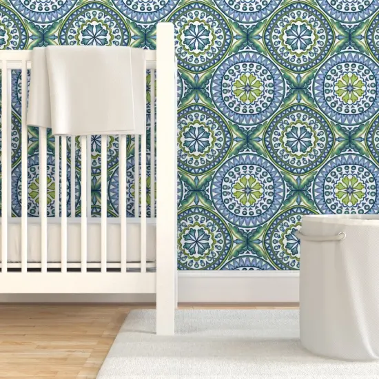 Pre-Pasted Wallpaper 2FT Wide Green Blue Ocean Italian Italy Tile Sicily Sicilian Rosette Mandalas Modern Mosaic Geometric Coastal Large Scale Custom Pre-pasted Wallpaper by Spoonflower {7}