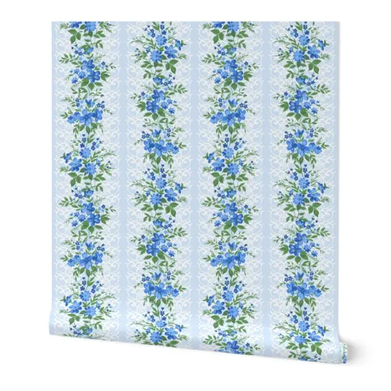 Peel & Stick Wallpaper 2FT Wide Farmhouse Floral Shabby Chic Blue Cottage Core Romantic Vertical Stripe Small Scale Custom Removable Wallpaper by Spoonflower {7}