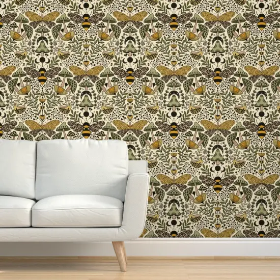 Peel & Stick Wallpaper 2FT Wide Nouveau Nature Green Yellow Butterfly Forest Plants Moth Bohemian Bee Botanical Wildlife Ecological Wild Grass Mustard Beige Custom Removable Wallpaper by Spoonflower {5}