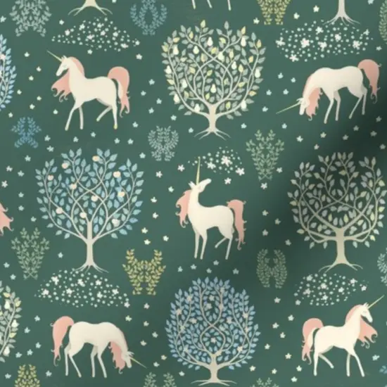 Various Fabrics by the Yard or Fat Quarter Green Forest Trees Fantasy Princess Woods Renaissance Unicorns Magical Tapestry Fairytale Mythic Small Scale Custom Printed Fabric by Spoonflower {7}