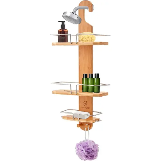 JumblWare Bamboo Shower Caddy, 11.7 x 26.8" Hanging 3-Tier Suction Cup Shower Organizer {1}