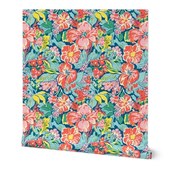 Peel & Stick Wallpaper 2FT Wide Tropical Florals Coral Flowers Island Hibiscus Pink Green Red Yellow Botanical Tropics Beach Colorful Custom Removable Wallpaper by Spoonflower {7}