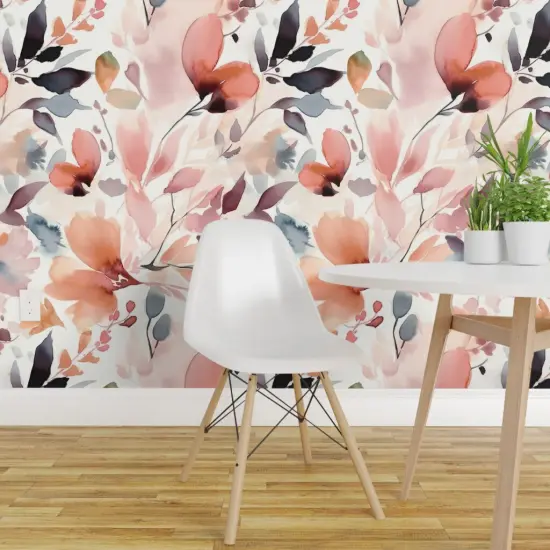 Peel & Stick Wallpaper 2FT Wide Pastel Flowers Watercolor Botanical Scattered Leaves Custom Removable Wallpaper by Spoonflower {1}