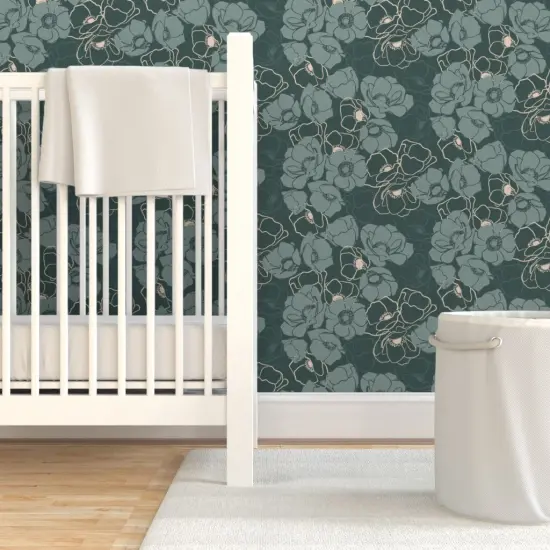 Pre-Pasted Wallpaper 2FT Wide Emerald Modern Floral Botanical Blush Custom Pre-pasted Wallpaper by Spoonflower {7}