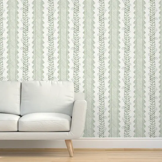 Peel & Stick Wallpaper 2FT Wide Sage Green Stripe Botanical Watercolor Garden Grandmillenial Custom Removable Wallpaper by Spoonflower {5}