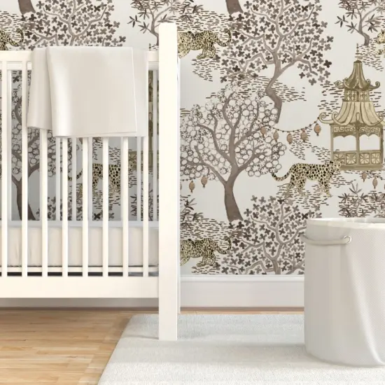 Pre-Pasted Wallpaper 2FT Wide Chinoiserie Pagoda Leopard Print Watercolor Neutral Brown Cream Large Scale Custom Pre-pasted Wallpaper by Spoonflower {7}