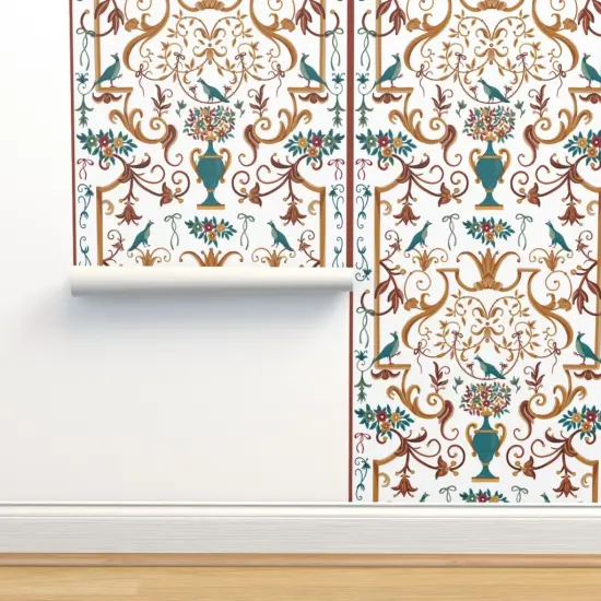 Pre-Pasted Wallpaper 2FT Wide White Floral Birds Ribbons Vase Italian Naples Baroque Palace Villa Mediterranean Botanical Fresco Rococo Large Scale Custom Pre-pasted Wallpaper by Spoonflower {2}