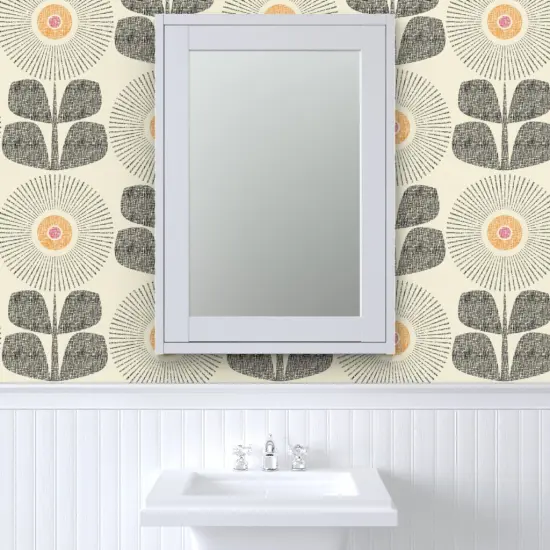 Pre-Pasted Wallpaper 2FT Wide Mid Century Modern Retro Floral Large Scale Neutral Cream Custom Pre-pasted Wallpaper by Spoonflower {6}