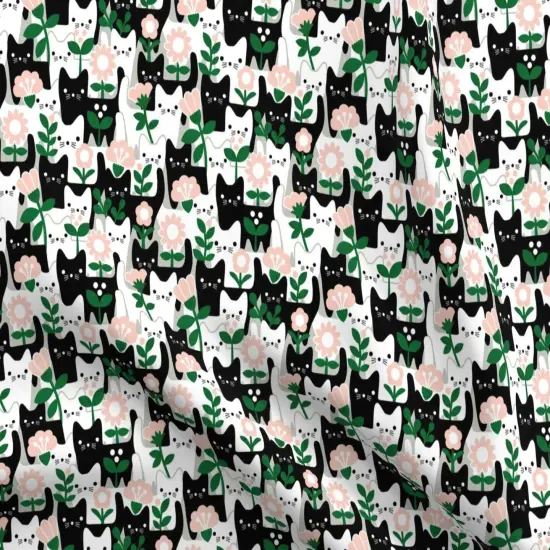 Various Fabrics by the Yard or Fat Quarter Whimsical Cats Black And White Flowers Garden Kitten Cute Folk Art Dollhouse Small Scale Leaves Cat Faces Playful Kittens Abstract Custom Printed Fabric by Spoonflower {5}