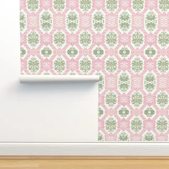Peel & Stick Wallpaper 2FT Wide Indian Block Print Bombay Pink And Green Colonial Custom Removable Wallpaper by Spoonflower {2}