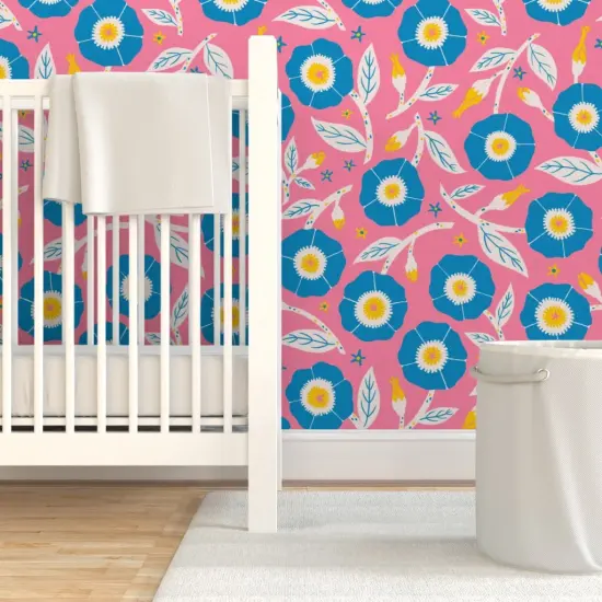 Pre-Pasted Wallpaper 2FT Wide Pink Floral Bright Flowers Nature Vibrant Meadow Spring Summer Garden Kitsch Folk Scandi Large Scale Custom Pre-pasted Wallpaper by Spoonflower {7}