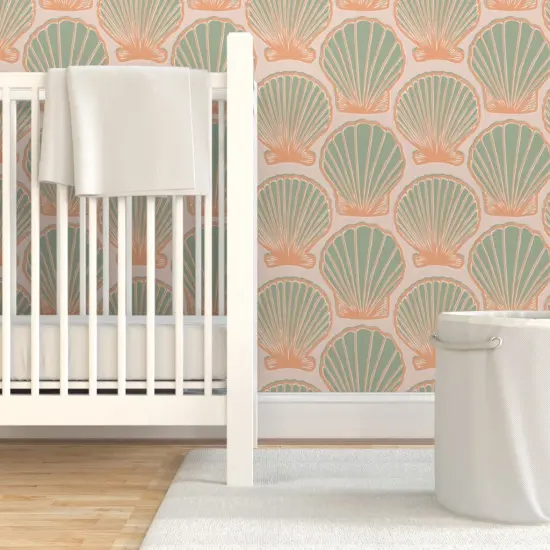 Pre-Pasted Wallpaper 2FT Wide Pink Sun Sand Summer Beach Sea Clam Seashell Relax Coastal Chic Large Scale Custom Pre-pasted Wallpaper by Spoonflower {7}