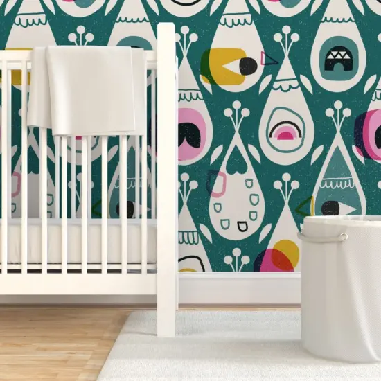 Pre-Pasted Wallpaper 2FT Wide Modern Retro Abstract Mid Century Mod Bird Feather Dark Green Custom Pre-pasted Wallpaper by Spoonflower {7}