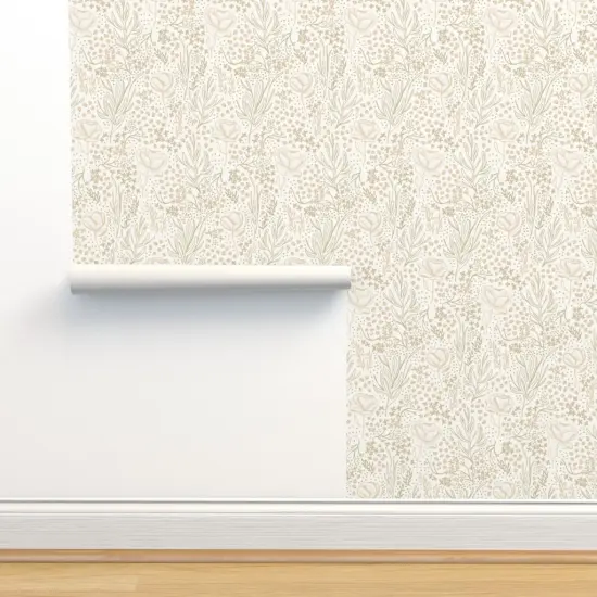 Peel & Stick Wallpaper 2FT Wide Neutral Flowers Ditsy Beige Floral Hand Drawn Line Art Custom Removable Wallpaper by Spoonflower {2}
