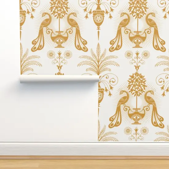 Pre-Pasted Wallpaper 2FT Wide Gold Peacock Mediterranean Toscana Golden Italian Villa Palm Garden Fruit Damask Floral Botanical Classical Large Scale Custom Pre-pasted Wallpaper by Spoonflower {2}