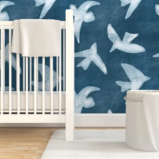 Pre-Pasted Wallpaper 2FT Wide Blue Birds Indigo Shibori Style Seagull Coastal Ocean Bird Custom Pre-pasted Wallpaper by Spoonflower {7}