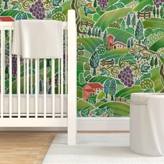 Pre-Pasted Wallpaper 2FT Wide Green Countryside Grapes Italy Vineyard Tuscany Meadows Farmland Farms Red Wine Purple Large Scale Custom Pre-pasted Wallpaper by Spoonflower {7}
