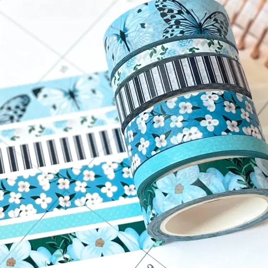 Light Blue Butterflies Navy Stripes Flowers Spring Washi Tape Set (#W082) {1}
