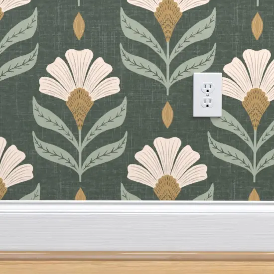 Pre-Pasted Wallpaper 2FT Wide Green Flower Floral Meadow Botanical Art Nouveau Hand Drawn Large Scale Rustic Custom Pre-pasted Wallpaper by Spoonflower {4}