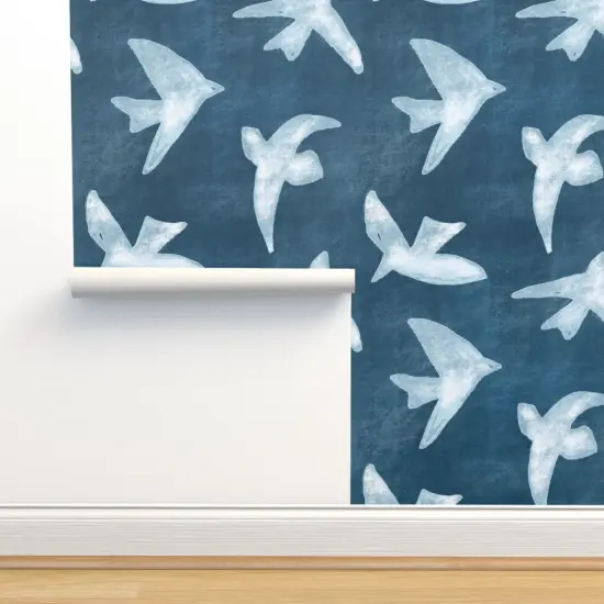 Pre-Pasted Wallpaper 2FT Wide Blue Birds Indigo Shibori Style Seagull Coastal Ocean Bird Custom Pre-pasted Wallpaper by Spoonflower {2}