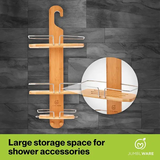 JumblWare Bamboo Shower Caddy, 11.7 x 26.8" Hanging 3-Tier Suction Cup Shower Organizer {5}