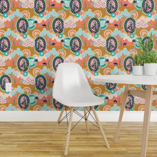 Peel & Stick Wallpaper 2FT Wide Horse Cactus Butterfly Bird Flower 70S Pop Art Clouds Western Cowboy Cowgirl Custom Removable Wallpaper by Spoonflower {1}