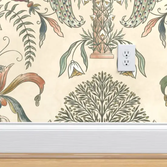 Pre-Pasted Wallpaper 2FT Wide Beige Peacock Classical Italian Olives Fresco Floral Garden Botanical Vineyard Grapes Fruit Large Scale Custom Pre-pasted Wallpaper by Spoonflower {4}