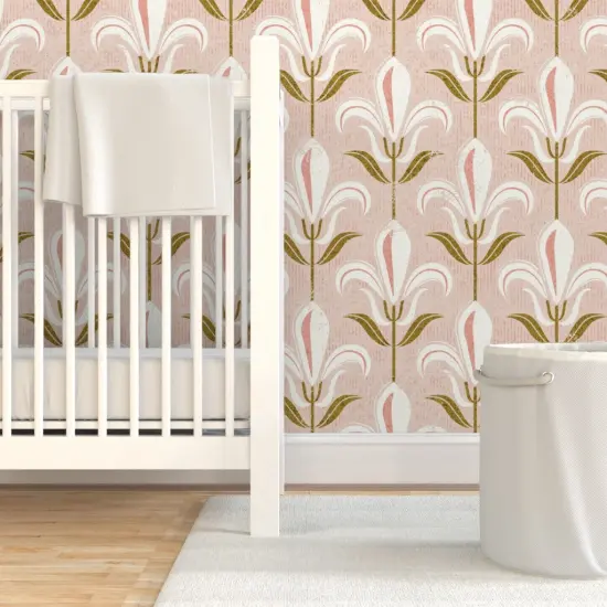 Pre-Pasted Wallpaper 2FT Wide Pink Floral Fleur-De-Lis Lily Retro Flowers White Fresco Large Scale Custom Pre-pasted Wallpaper by Spoonflower {7}