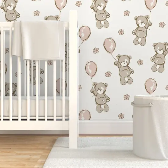 Pre-Pasted Wallpaper 2FT Wide Teddy Bear Pink Balloons Shower Small Scale Custom Pre-pasted Wallpaper by Spoonflower {7}