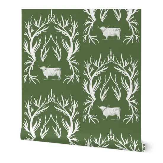 Peel & Stick Wallpaper 2FT Wide Damask Toile Cows Western Green White Rustic Custom Removable Wallpaper by Spoonflower {7}