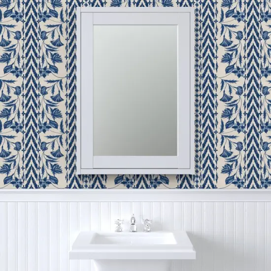 Pre-Pasted Wallpaper 2FT Wide Folk Floral Stripe Large Scale Blue Tan Chintz Flowers Custom Pre-pasted Wallpaper by Spoonflower {6}