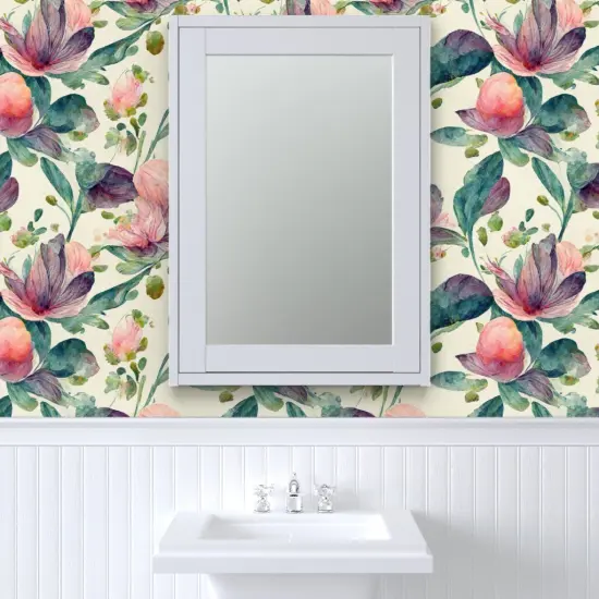 Peel & Stick Wallpaper 2FT Wide Boho Watercolor Floral Botanical Leaves Large Scale Rose Romantic Flowers Custom Removable Wallpaper by Spoonflower {6}