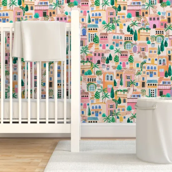 Pre-Pasted Wallpaper 2FT Wide Pink Lake Seaside Palm Trees Houses Garden Tropical Italian Hand Painted Villa Adventure Plants Medium Scale Custom Pre-pasted Wallpaper by Spoonflower {7}