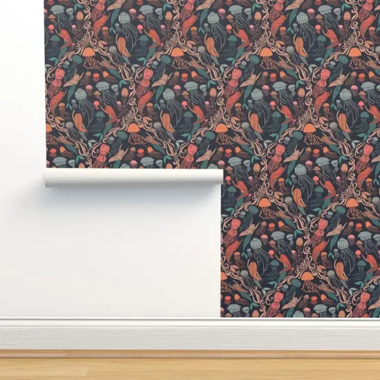 Peel & Stick Wallpaper 2FT Wide Coastal Whimsical Ocean Mermaid Jellyfish Swimming Custom Removable Wallpaper by Spoonflower {2}