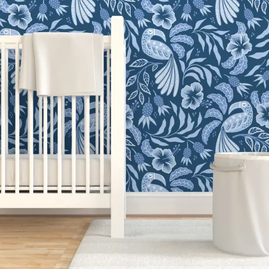 Pre-Pasted Wallpaper 2FT Wide Hibiscus Garden Tropical Toucan Pineapple Denim Blue Custom Pre-pasted Wallpaper by Spoonflower {7}