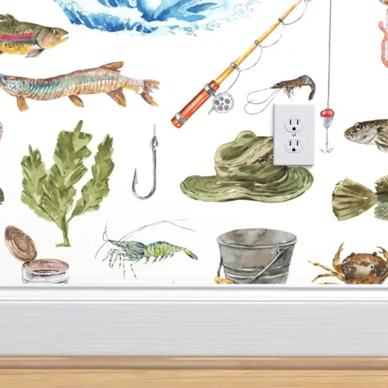 Pre-Pasted Wallpaper 2FT Wide Watercolor Adventure Fish Boat Nautical Custom Pre-pasted Wallpaper by Spoonflower {4}