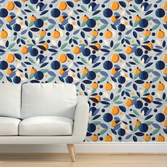 Pre-Pasted Wallpaper 2FT Wide Blue Floral Oranges Citrus Garden Mid-Century Botanical Moonlight Tuscan Mediterranean Large Scale Custom Pre-pasted Wallpaper by Spoonflower {5}