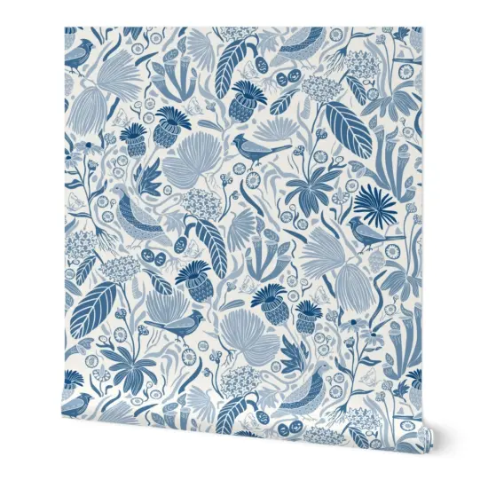 Peel & Stick Wallpaper 2FT Wide Blue Nature Birds Plant Cardinal Botanical Meadow Chintz Quail Southern Medium Scale Custom Removable Wallpaper by Spoonflower {7}