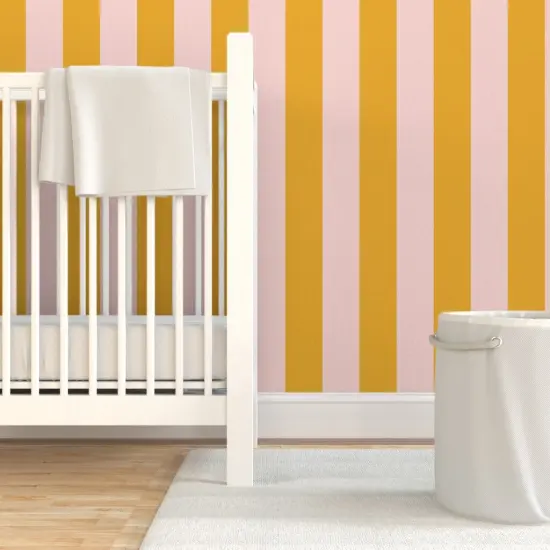 Pre-Pasted Wallpaper 2FT Wide Pink Bold Stripe Yellow Coastal Beach Citrus Lemon Candy Large Scale Custom Pre-pasted Wallpaper by Spoonflower {7}