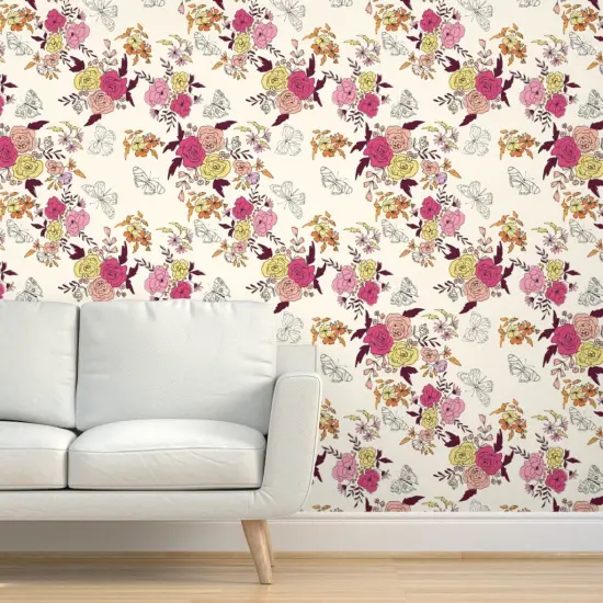 Peel & Stick Wallpaper 2FT Wide Pink Cream Yellow Butterflies Floral Orange Rose Daisy Crimson Sketchbook Hand Drawn Large Scale Botanical Kitsch Custom Removable Wallpaper by Spoonflower {5}