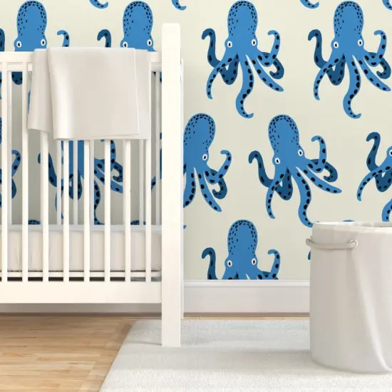 Pre-Pasted Wallpaper 2FT Wide Whimsical Octopi Large Scale Coastal Nautical Beach Vacation Sea Life Custom Pre-pasted Wallpaper by Spoonflower {7}