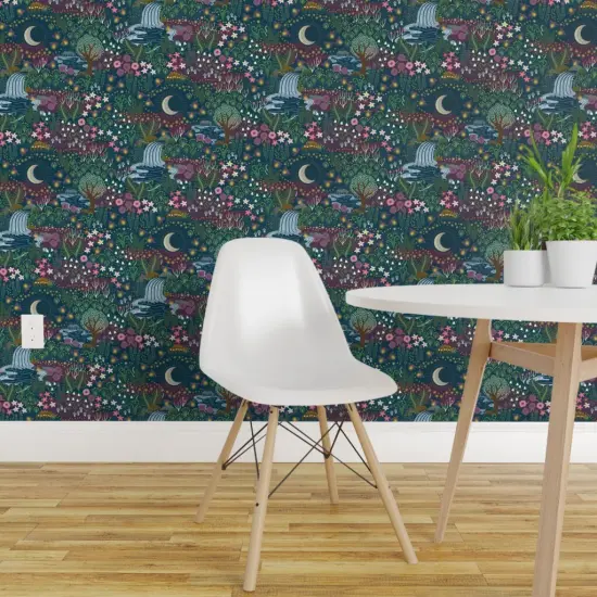 Pre-Pasted Wallpaper 2FT Wide Green Garden Nigh Moon Meadow Fireflies Magical Waterfall Dreamy Landscape Hand Painted Whimsical Nightlife Floral Botanical Small Scale Custom Pre-pasted Wallpaper by Spoonflower {1}