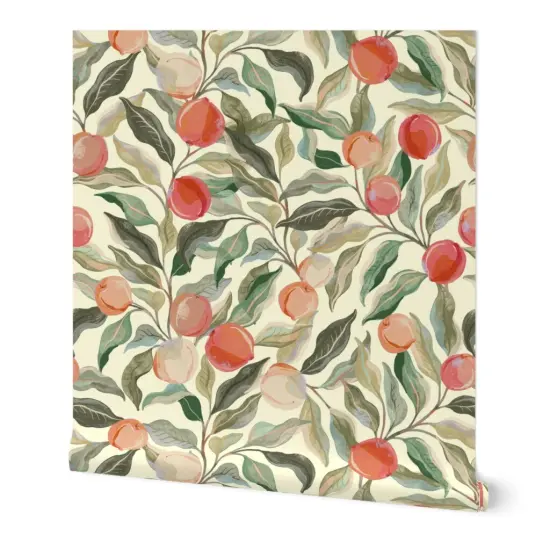Peel & Stick Wallpaper 2FT Wide Peaches Fruit Leaves Botanical Floral Food Sage Green Peach Custom Removable Wallpaper by Spoonflower {7}