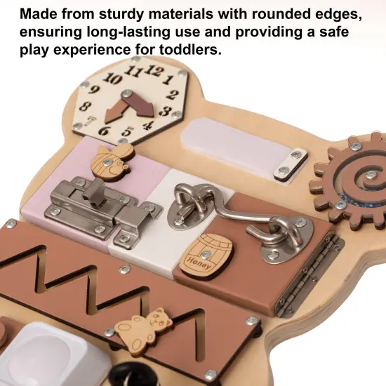 Wooden Sensory Bear Shaped Learning Toddler Busy Board for Playroom, Nursery, Preschool, and Doctors' Office Pink {2}