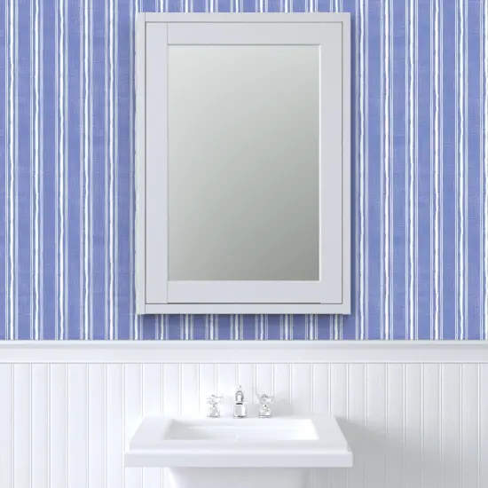 Pre-Pasted Wallpaper 2FT Wide Blue Summer Contemporary And White Vertical Stripes Thin Modern Beach Costal Boho Chic Custom Pre-pasted Wallpaper by Spoonflower {6}