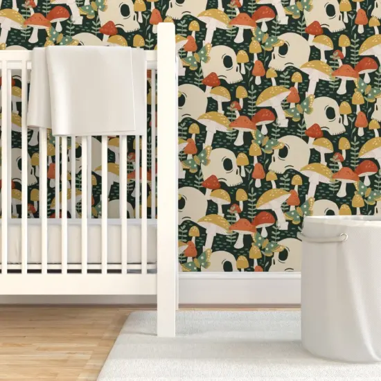 Pre-Pasted Wallpaper 2FT Wide Red Yellow Butterfly Woodland Gothic Skulls Moth Small Scale Custom Pre-pasted Wallpaper by Spoonflower {7}