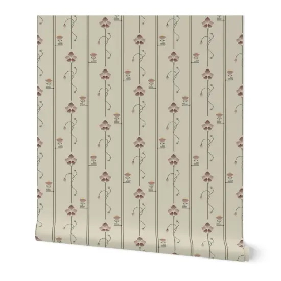 Peel & Stick Wallpaper 2FT Wide Beige Floral Stripe Art Deco Craftsman Nouveau Modern Botanical Small Scale Custom Removable Wallpaper by Spoonflower {7}