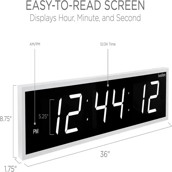 Ivation 36 in. Large Digital Wall Clock, LED Digital Clock with Timer and Alarm White {2}