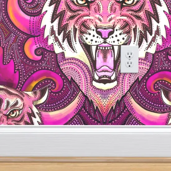 Peel & Stick Wallpaper 2FT Wide Pink Tigers Purple Orange Maximalist Xl Jungle Custom Removable Wallpaper by Spoonflower {4}