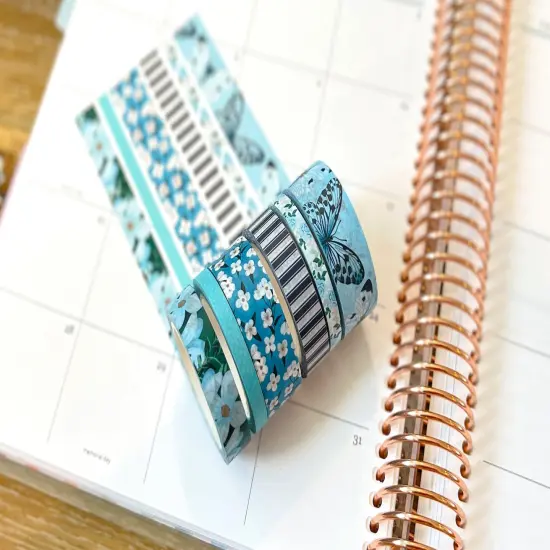 Light Blue Butterflies Navy Stripes Flowers Spring Washi Tape Set (#W082) {2}